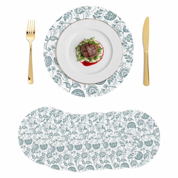 Boho Teal Green Floral Round 15 Inch Placemats Set of 6, Vintage Farmhouse Paisley Leaf HeatResistant Non Slip Place Mats for Dining Table, Wipeable Braided Kitchen Table Mats for Housewarming