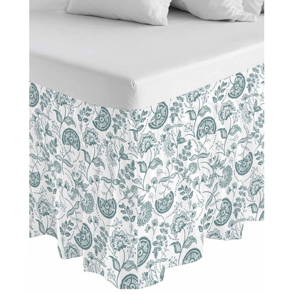 Boho Teal Green Floral Wrap Around Bed Skirts for King Bed 18" Drop,Bed Skirt with Adjustable Elastic Belt Dust Ruffle Bed Valance for Bedroom Hotel Vintage Farmhouse Paisley Leaf Bed Frame Cover