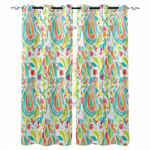 Boho Teal Green Flower Blackout Curtains for Bedroom, Thermal Window Treatment, Spring Watercolor Paisley Floral Leaf Grommet Top Blackout Draperies and Drapes for Basement 27.5"x39" 2 Panels