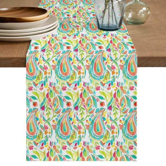 Boho Teal Green Flower Table Runner, Spring Watercolor Paisley Floral Leaf Washable Cotton Linen Table Runners 36 Inches Long, Dresser Scarf Runner for Nightstand/End Tables/Round Tables 13''x36''
