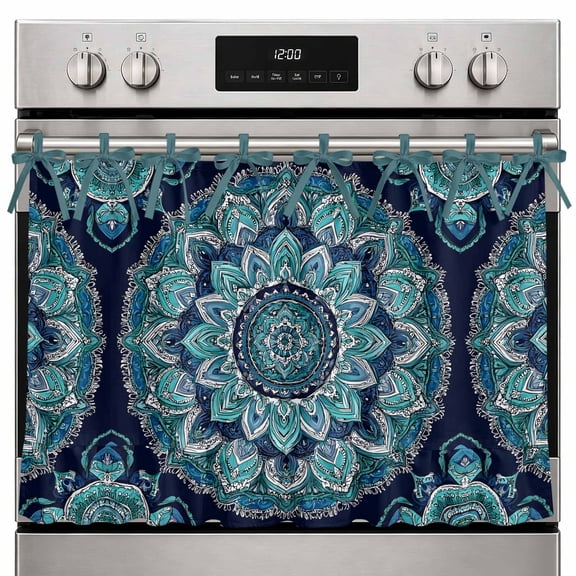 Boho Teal Oven Skirt Curtain, 27x20 Inch Art Lotus Medallion Silver Flower Maximalist Navy Kitchen Tie Top Oven Curtain for Door, Decorative Stove Skirt Dishwasher Cover With Ribbon Ties
