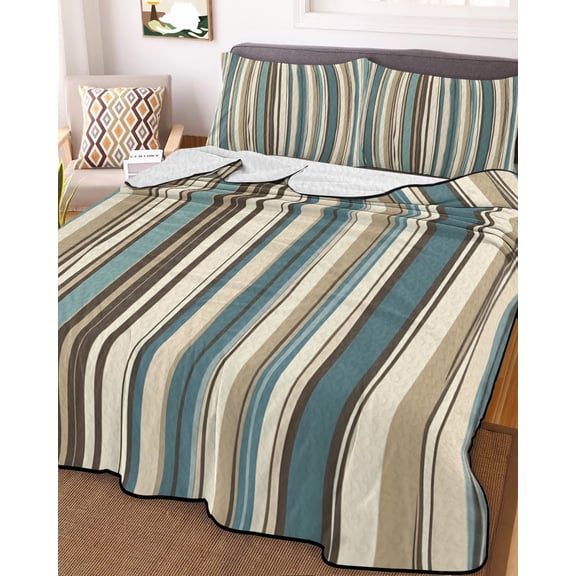 Boho Teal Stripes King Size Down Alternative Comforter, Lightweight Comforter Quilt Bedding Set with Pillow Shams Bohemian Vertical Striped Geometric All Seasons Bed Comforter Duvet Insert 96"x106"