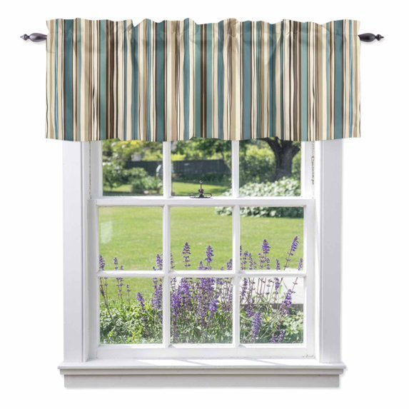 Boho Teal Stripes Kitchen Curtain Valances for Windows Farmhouse Short Curtains, Bohemian Vertical Striped Geometric Rod Pocket Valance Curtain for Bedroom Cafe Living Room 54"x18"