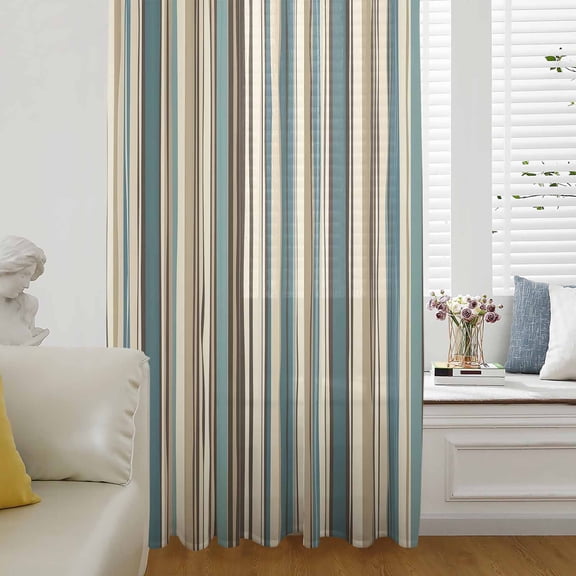 Boho Teal Stripes Semi Sheer Curtains Drapes for Living Room, Bedroom, French Doors Window 45 Inches Long, Bohemian Vertical Striped Geometric Rod Pocket Chiffon Curtain Drapery Voile Draperies Panel