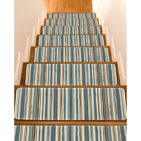 Boho Teal Stripes Stair Treads for Wooden Steps Indoor Runner Rug Carpet, Bohemian Vertical Striped Geometric 15 Pieces Peel and Stick Staircase Step Treads Covers Washable Throw Door Mats, 30"x8"