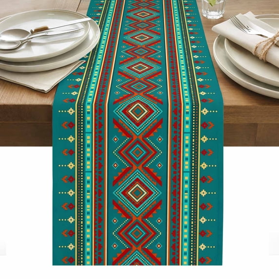Boho Teal Table Runner Modern Abstract Ethnic Geometric Texture ...