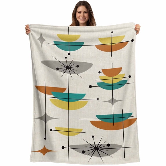 Boho Teal Yellow Orange Grey Blanket Soft Cozy Warm Throw Blanket for Couch, Plush Fuzzy Flannel Fleece Blankets for Sofa, Middle Century Geometric Bed Blankets Lightweight Gifts for Women, 50"x60"