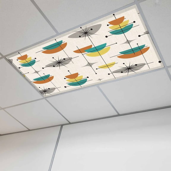 Boho Teal Yellow Orange Grey Magnetic Fluorescent Light Covers for Ceiling Lights 2x4Ft, Middle Century Geometric Office Classroom Kitchen Drop Ceiling Light Covers Filters Shade Panel 1 Pack