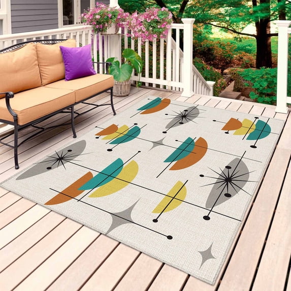 Boho Teal Yellow Orange Grey Outdoor Rug for Patio/Deck/Porch, Non-Slip Large Area Rug 3 x 5 Ft, Middle Century Geometric Indoor Outdoor Rugs Washable Area Rugs, Reversible Camping Rug Carpet Runner