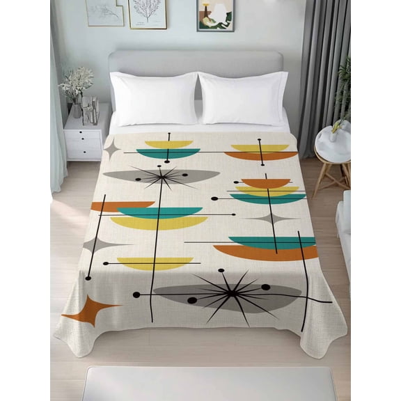 Boho Teal Yellow Orange Grey Queen Size Flat Sheet, Wrinkleproof & Fadeproof Cooling Flat Bed Sheet Only, Middle Century Geometric Breathable Soft Bedding Top Sheets 90 x 102 Inches