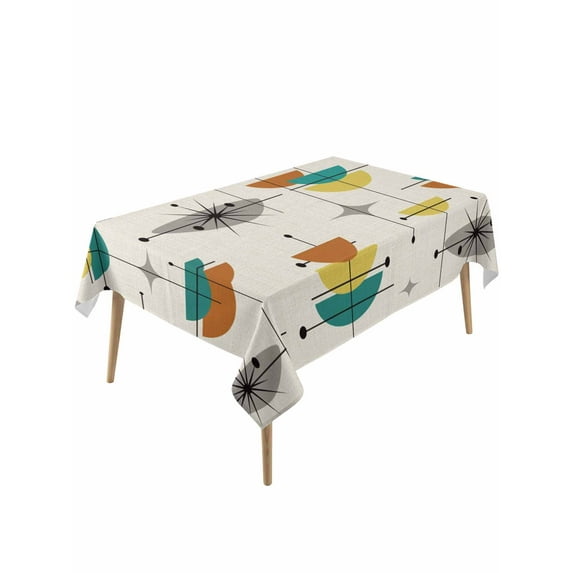 Boho Teal Yellow Orange Grey Rectangle Tablecloth, Middle Century Geometric Waterproof & StainResistant Tablecloth, Washable Oil-proof Table Cover for Dining/Party/Wedding/Camping/Buffet 54x108 In