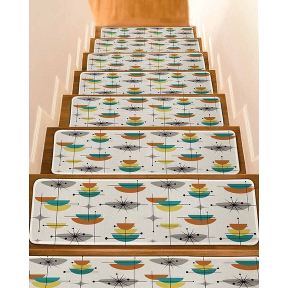 Boho Teal Yellow Orange Grey Stair Treads for Wooden Steps Indoor Runner Rug Carpet, Middle Century Geometric 15 Pieces Peel and Stick Staircase Step Treads Covers Washable Throw Door Mats, 30"x8"