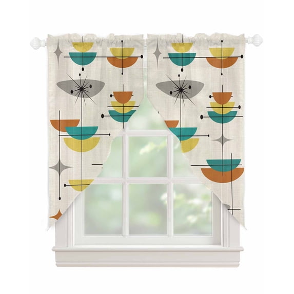 Boho Teal Yellow Orange Grey Swag Valances for Windows, Middle Century Geometric Rod Pocket Sheer Valances for Large Windows, Swag Toppers Light Filtering for Kitchen Living Room 2 Panels 36''x63''