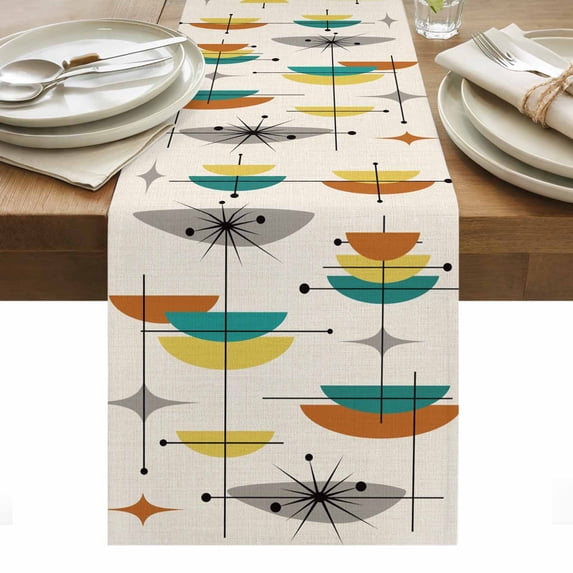 Boho Teal Yellow Orange Grey Table Runner - 120 Inch Long, Kitchen Dining Table Runner Dresser Scarves, Middle Century Geometric Farmhouse Decor for Coffee Tables Wedding Party Banquet