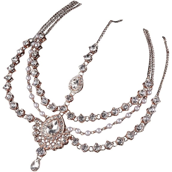 Boho Teardrop Crystal Head Chain Layered Faux Pearl Forehead Chain Wedding Headpiece for Women