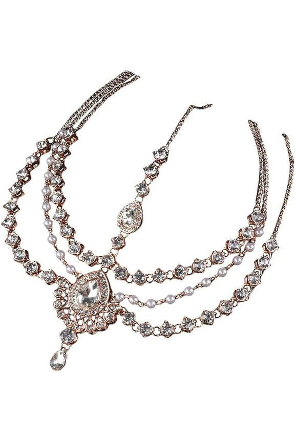 Boho Teardrop Crystal Head Chain Layered Faux Pearl Forehead Chain Wedding Headpiece for Women