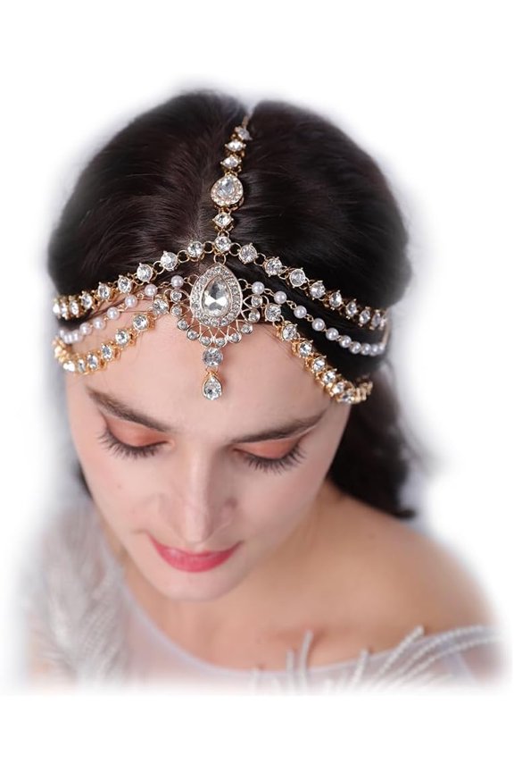 Boho Teardrop Crystal Head Chain Layered Faux Pearl Forehead Chain Wedding Headpiece for Women