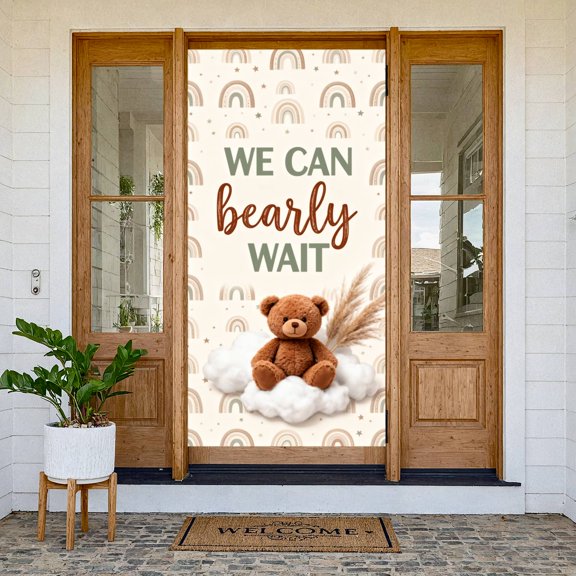 Boho Teddy Bear Banner Neutral Color Scheme Baby Shower Backdrop Rainbow Pattern Star Accents Welcome Baby Background for Baby Shower Party Gender Reveal Event Neutral Baby Celebration