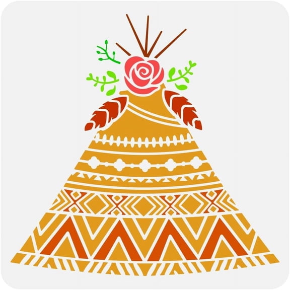 Boho Teepee Tipi Painting Stencil 11.8x11.8 inch Reusable Tent Painting Template Boho Feathers Roses Tent Pattern Craft Stencil for Painting on Wall Wood Furniture Wood Signs for DIY