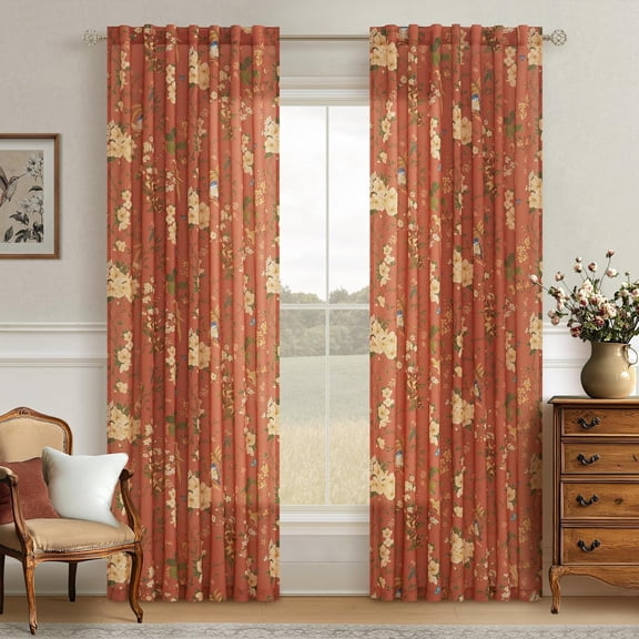 Boho Terracotta Floral Bird Linen Curtains for Living Room Dining 84 Inches Long 2 Panels Back Tab Vintage Farmhouse Flower Pattern Window Drapes Semi Sheer Light Filtering Bedroom Autumn Fall Decor