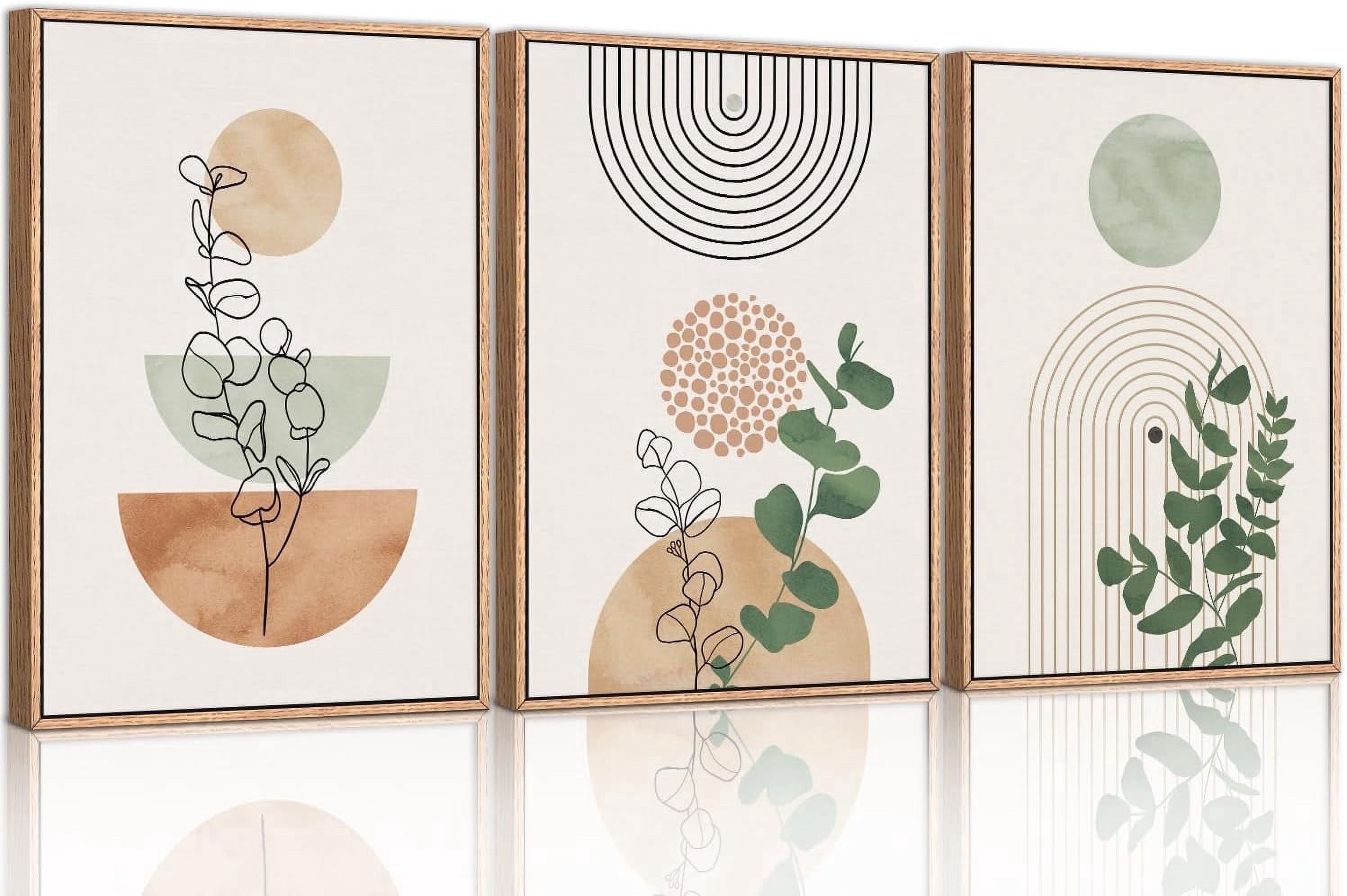 Boho Terracotta Green Framed Canvas Wall Art Set, Abstract Bohemian Wall Decor, Mid Century Modern Geometric Wall Painting, Neutral Botanical Art Print Living Room, Bedroom, Office 16"x24"x3