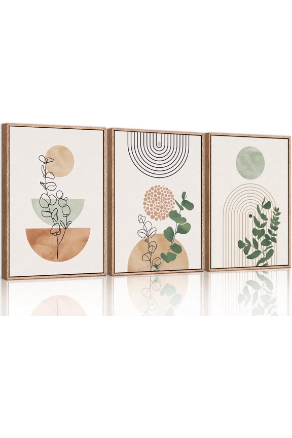 Boho Terracotta Green Framed Canvas Wall Art Set, Abstract Bohemian Wall Decor, Mid Century Modern Geometric Wall Painting, Neutral Botanical Art Print Living Room, Bedroom, Office 16"x24"x3
