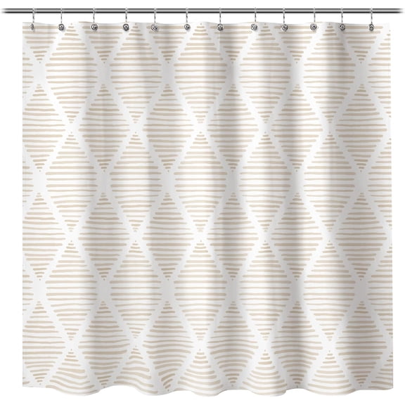 Boho Textured Slubbed Fabric Shower Curtain, Organic Modern Geometric Striped Shower Curtains for Bathroom Decoration, Beige and White Rhombus Shower Curtains, 72x72
