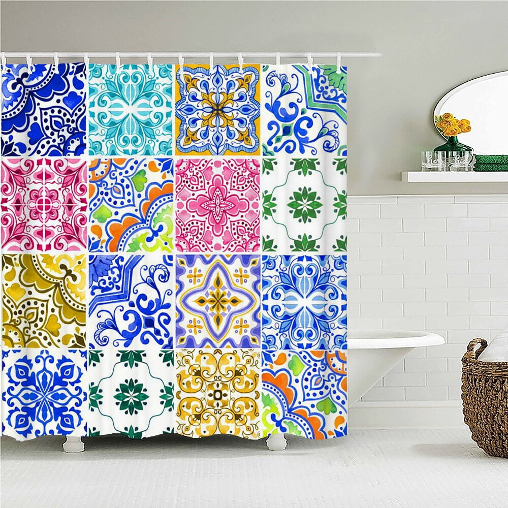 Boho Theme Blue Shower Curtains Bathroom Cute 3D Print Waterproof
