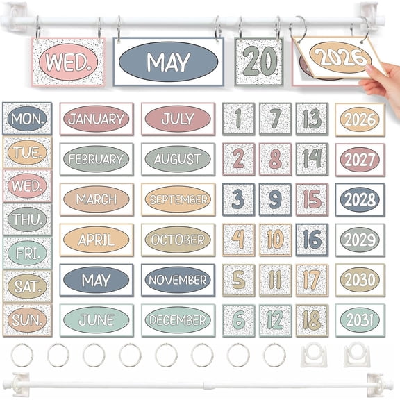 Boho Theme Classroom Flip Calendar Set Includes 56 Date Cards Bulletin Board Calendar Set Classroom Decoration with Adjustable Holder O Rings For Wall Decor to School Supplies