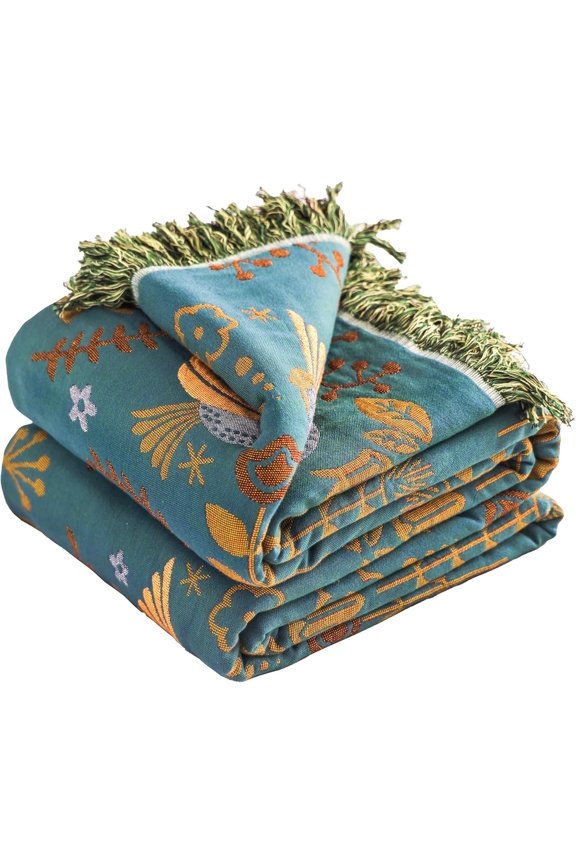 Boho Throw Blanket, 100% Organic Cotton Breathable Ultra Soft 50" x 60" Bed Quilt Throw - All Season Floral Rustic Farmhouse Decor Luxury Reversible Blanket for Sofa Couch Chair and Gift