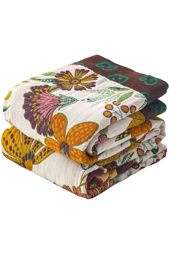 Boho Throw Blanket, 100% Organic Cotton Breathable Ultra Soft 50" x 60" Bed Quilt Throw - All Season Floral Rustic Farmhouse Decor Luxury Reversible Blanket for Sofa Couch Chair and Gift