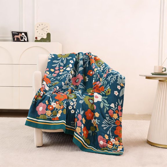 Boho Throw Blanket 60"x80",  Cotton Muslin Blankets for Couch Bed Sofa Chair, 4-Layer Soft Cozy Quilt Travel Blanket with Floral, Farmhouse Decor,All Seasons(Blue)