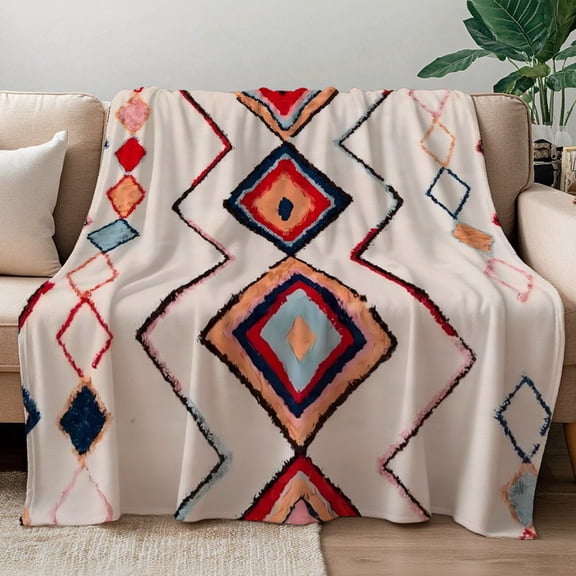 Boho Throw Blanket Aztec Geometric Diamond Pattern Cozy Bedspread Warm Tone Bohemian Sofa Bed Decor Stylish Home Accent