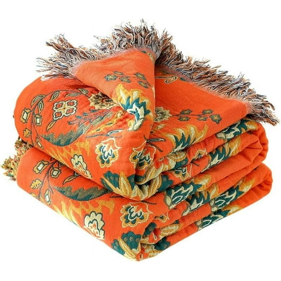 Boho Throw Blanket for Bed - 100% Cotton Ultra Soft Rustic Quilt - Floral Printed Farmhouse Decor Bed Summer Blankets,60"×80" All Season Rustic Throw for Sofa Couch Chair