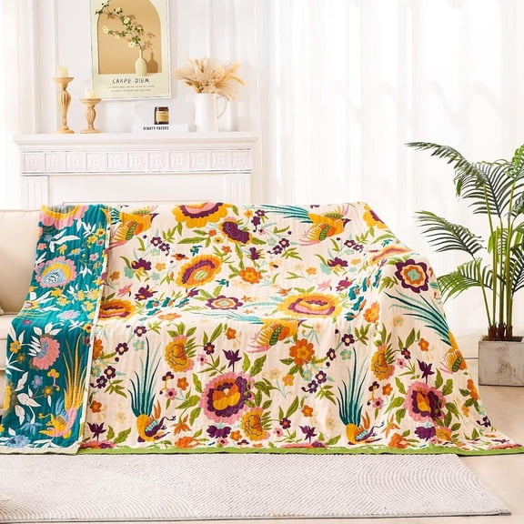 Boho Throw Blanket for Bed, Cotton Soft Rustic Quilt Fall Blanket, 80x90 Floral Printed Farmhouse Decor Bed Blankets, All Season Reversible Bohemian Throw Quilt
