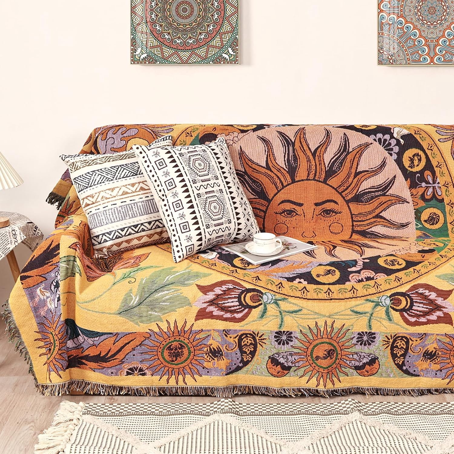Boho Throw Blanket for Bed Couch Sofa Reversible Cotton Bohemian Travel ...