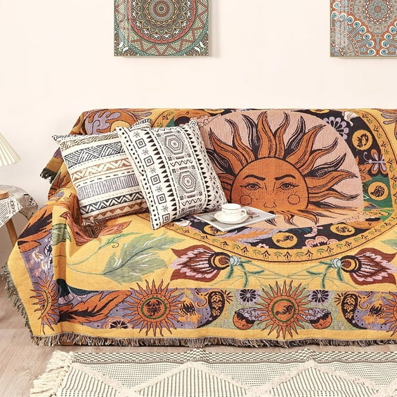 Boho Throw Blanket for Bed Couch Sofa Reversible Cotton Bohemian Travel Boho Quilt Mexican Muslin Blanket Tapestry Hippie Room Decor Outdoor Blanket Double Sided ( 70"x90")