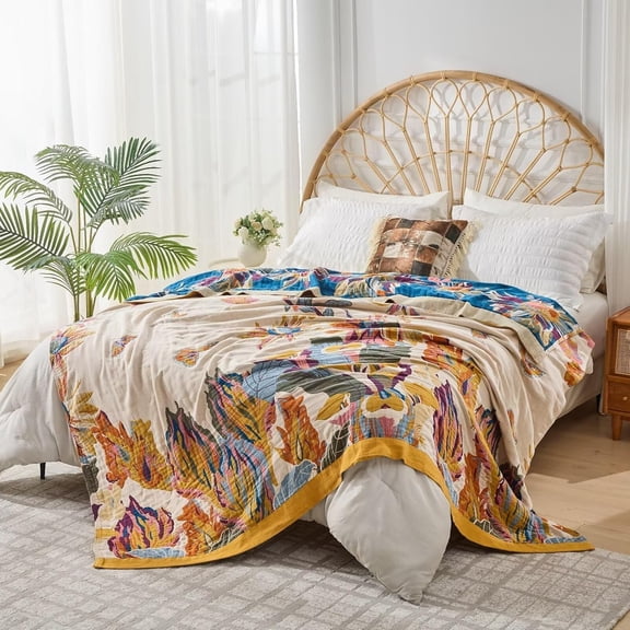 Boho Throw Blanket for Bed, Lightweight Reversible Quilt, Cotton Blanket, Queen Size Boho Floral Bird Colorful Retro Quilt Ultra Soft Reversible Gauze Blanket for All Season, 80"x90"