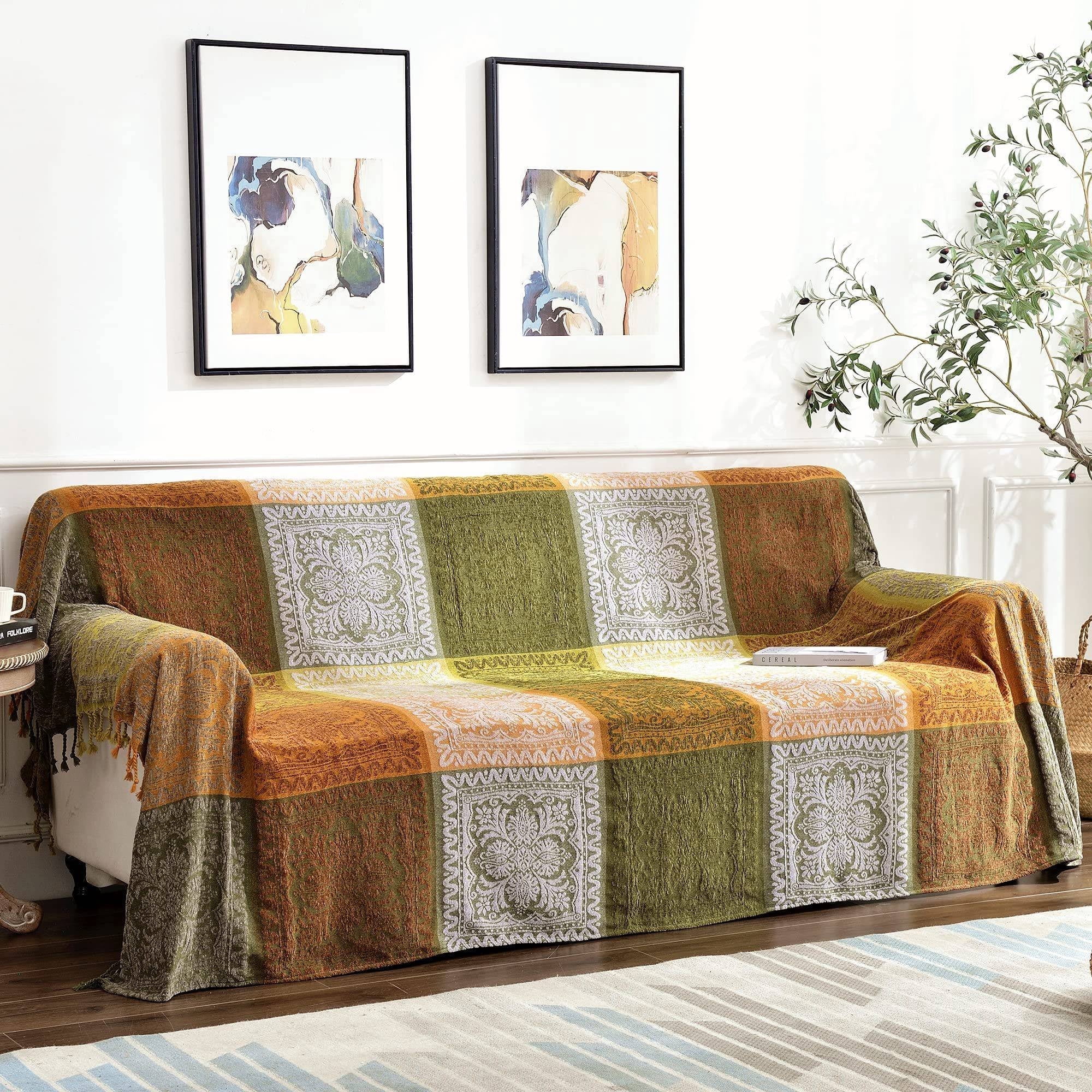 Boho Throw Blanket, Bohemian Tassels Throw Blankets for Bed Couch Soft Chair， Chenille Fringe Tassels ( Green, Large 86*102Inches)