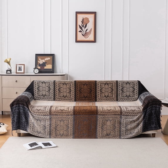 Boho Throw Blanket, Chenille Jacquard Tassels Throw Blankets for Bed Couch Soft Chair, Bohemian Fringe Tassels (Black, Large 86 * 102Inches)