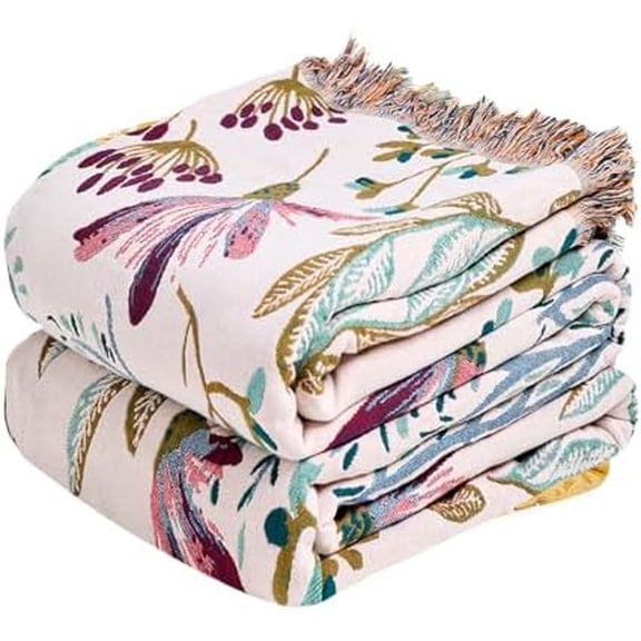 Boho Throw Blanket for Couch 50"x60" Floral 100% Cotton Blanket Breathable Lightweight Farmhouse Flower Blankets for Sofa Home Decor Muslin All Seasons
