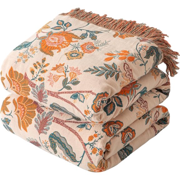 Boho Throw Blanket for Couch Sofa Bed, 100% Cotton Woven Quilt with Tassel 60x80, Super Soft Muslin Blanket with Floral Printed, Decorative Reversible Bed Blanket/Cover for All Seasons