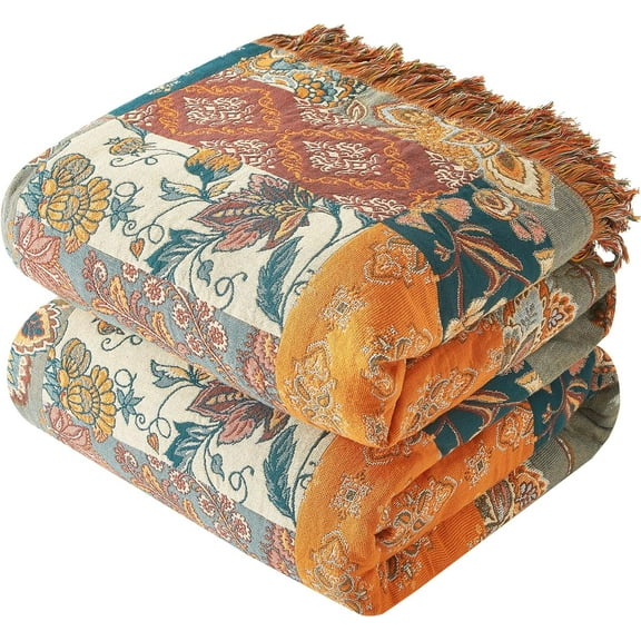 Boho Throw Blanket for Couch Sofa Bed, 100% Cotton Woven Quilt with Tassel 60x80, Super Soft Muslin Floral Printed, Decorative Reversible Bed Blanket/Cover All Seasons
