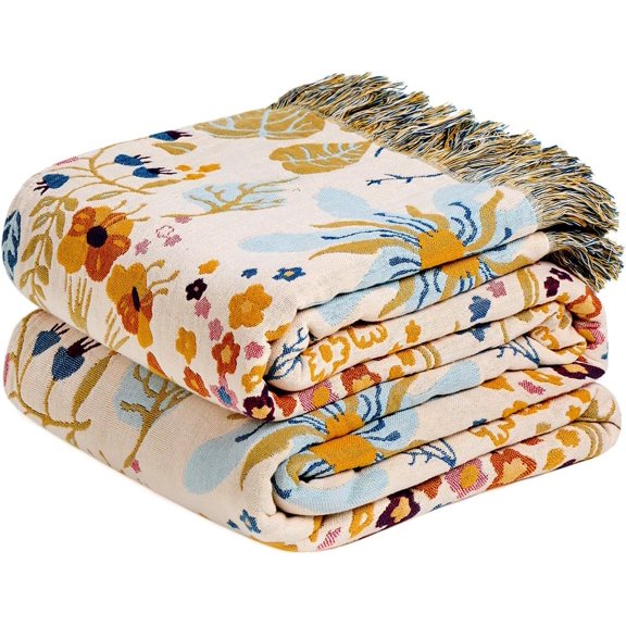 Boho Throw Blanket with Florals & Leaves Embroidery - Reversible Double Sided,Lightweight Cotton Gauze Throws for Couch,Bed,Sofa & Chair Decor - Bohemian Living Room Accent Gift 60"x80"