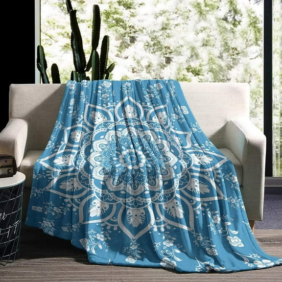 Boho Throw Blanket Mandala Blanket, Blue Boho Throw Blanket Super Soft Cozy Lightweight Boheiman Throws for Couch Sofa, Bohemian Decor Comfy Flannel Fleece Throw Blanket for All Seasons - 50x40