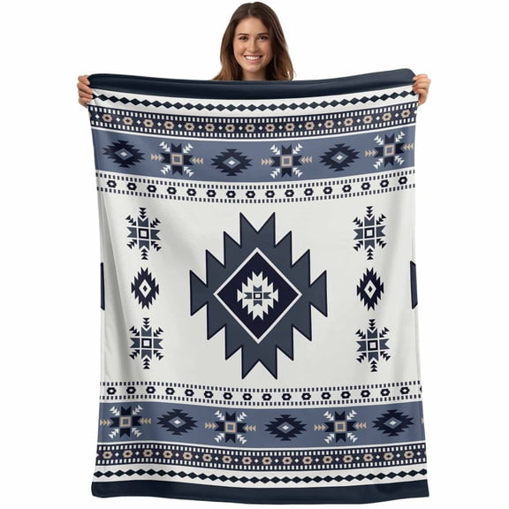 Boho Throw Blankets, Southwest Aztec Pattern Soft Fleece Blanket Decorative for Home Sofa Couch Chair Living Bedroom, 50x60 inches, Blue