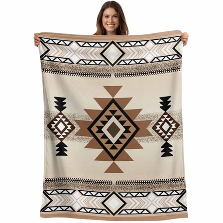Boho Throw Blankets, Southwest Aztec Pattern Soft Fleece Blanket Decorative for Home Sofa Couch Chair Living Bedroom, 50x60 inches, Brown Beige