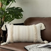 Boho Throw Pillow Cover, 12 x 20 Farmhouse Cute Pillowcase Minimalist Neutral Collection Cream White Tufted with Tassels Woven Cushion Cover for Sofa Couch Bedroom Living Room,1pc