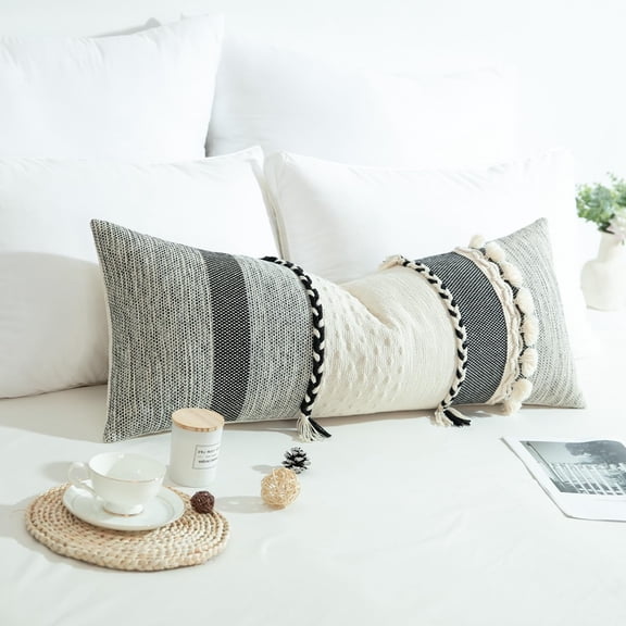 Boho Throw Pillow Cover 14x36 Inches, Handmade Pillow Case for Bed Home Decor, Farmhouse Tassel Textured Lumbar Pillowcase for Bedside Black