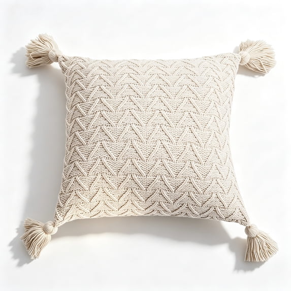 Boho Throw Pillow Cover 18x18in, Knitted Decorative Cushion Case with Tassel Fringe, Herringbone Texture, White Pillow Cover for Sofa Couch Bedroom